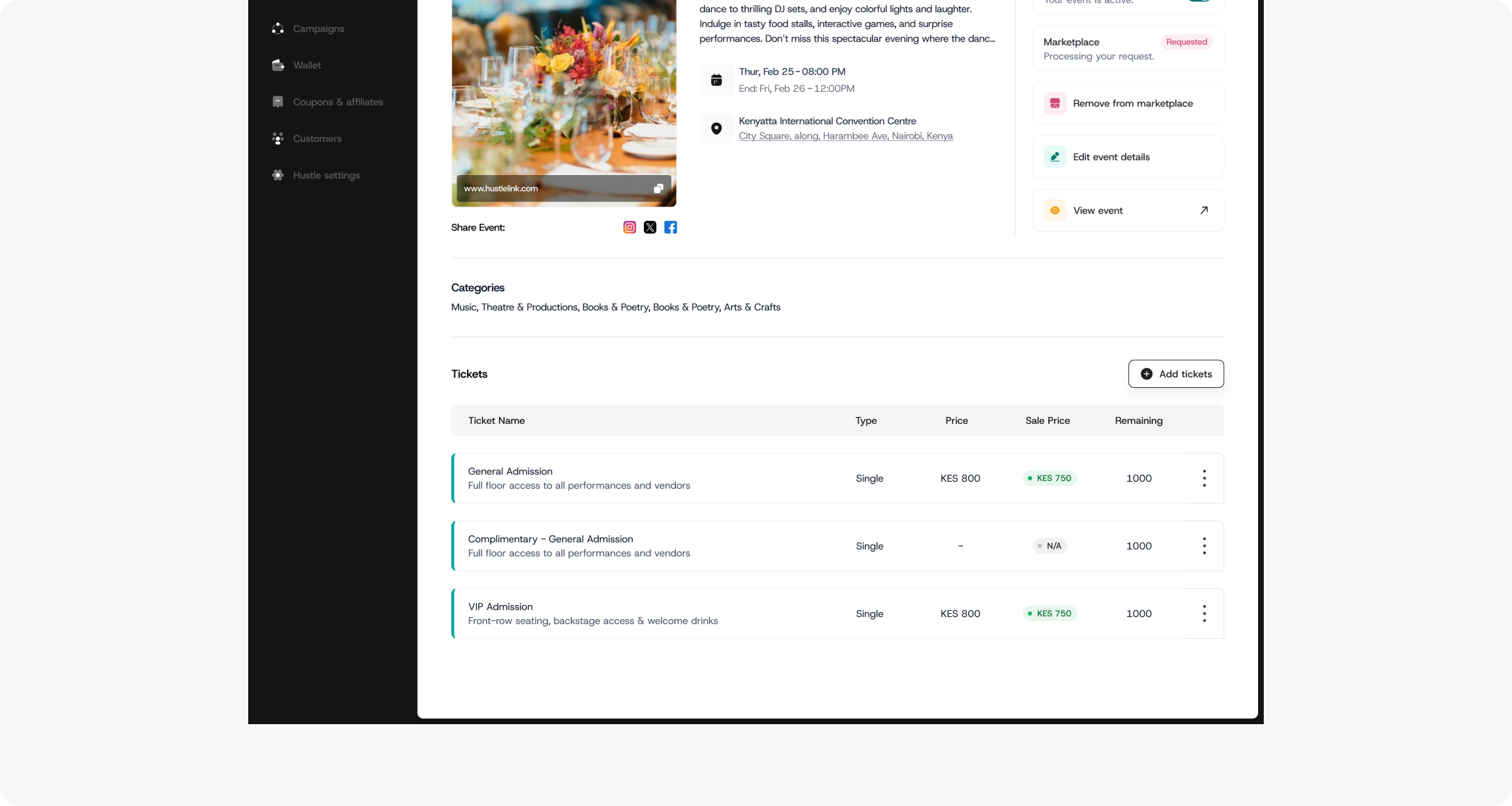 Event dashboard showing complimentary ticket added to the tickets table